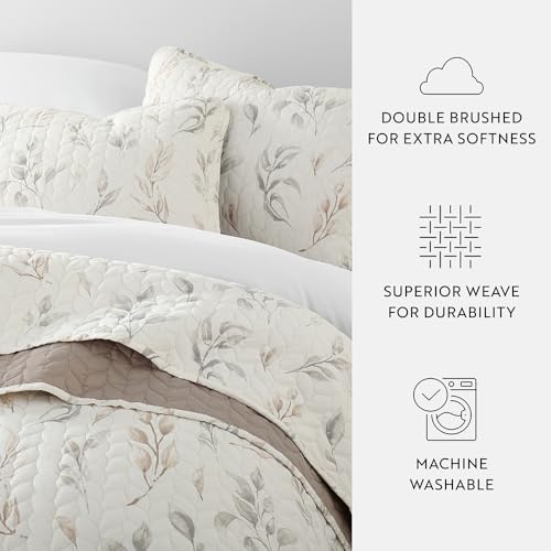 Linen Market Quilt Coverlet Set All Season Patterned Reversible Microfiber Ultra Soft Bedding in Watercolor Leaves - King/Cal-King Watercolor Leaves Latte Linen Market