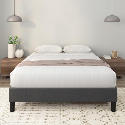 Zinus Curtis Upholstered Platform Bed Frame, Mattress Foundation, Wood Slat Support, No Box Spring Needed, Eco Friendly WonderBox (TM) Packaging, Dark Grey, Queen Zinus