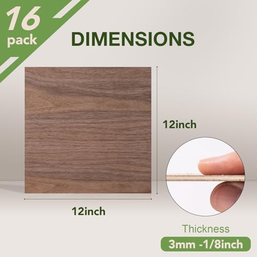 Rowood 16 Pack Walnut Plywood 1/8,12x12x1/8inch,Thin 3mm Unfinished Plywood for Laser Cutting & Engraving,DIY Adult Craft Project Kits for Ornaments, Models Drawing,Wood Burning rowood
