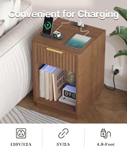 Akxomel Fluted Nightstand, Wooden Night Stand with Charging Station and LED Light, Modern Mid Century End Table with Drawer, 15" D x 15.7" W x 22.6" H, for Bedroom, Walnut Akxomel