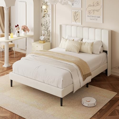 Queen Size Bed Frame with Vertical Chanel Tufted Headboard and Wingback, Upholstered Platform Bed, Strong Wooden Slats, Easy Assembly, Noise Free, No Box Spring Needed, Beige Velvet HAOARA