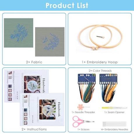 ERKOON Embroidery Kit for Beginners, 2 Set Floral Cross Stitch Set Include Embroidery Cloth Hoops Threads for Craft Lover Hand Stitch with Embroidery Skill Techniques (Hummingbird) ERKOON
