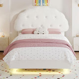Decofy Cookie Full Upholstered Bed Frame with LED Lights, Floating Bed Frames with Adjustable Headboard and Raised Footboard for Princess/Prince Bedroom, Teddy Velvet（White） Decofy