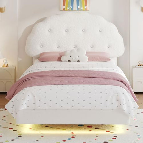 Decofy Cookie Full Upholstered Bed Frame with LED Lights, Floating Bed Frames with Adjustable Headboard and Raised Footboard for Princess/Prince Bedroom, Teddy Velvet（White） Decofy