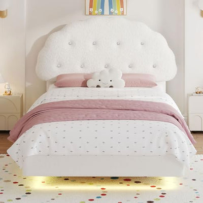 Decofy Cookie Full Upholstered Bed Frame with LED Lights, Floating Bed Frames with Adjustable Headboard and Raised Footboard for Princess/Prince Bedroom, Teddy Velvet（White）