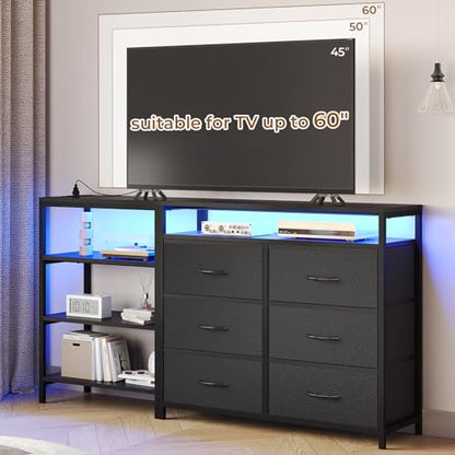 BTHFST TV Stand Dresser Bedroom for 60 Inch TV with LED Lights & Charging Station, Changable L Shape Corner TV Stand, 6 PU Drawers, 3 Open Shelves Entertainment Center (Black) - WoodArtSupply