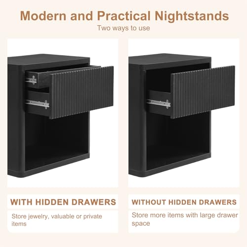 22.8" W Black Fluted Nightstand with 2 Drawers, Mid Century Modern Nightstand with Hidden Drawers, Large Night Stand, Accent End Table, Bedside Table with Open Shelf, Curved Profile Design XIAO WEI