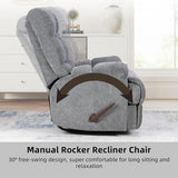 CANMOV Swivel Rocker Recliner for Adults,Glider Rocking Reclining Chair for Nursery,Manual Recliner Chair with Overstuffed Back and Arms for Living Room Bedroom Nursery,Grey