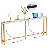 Keelian 78Inch Console Table with Outlet, Sofa Table with Charger,Skinny Hallway Table, Narrow Entryway Table,Table Behind Sofa,for Living Room,Gold & White Keelian