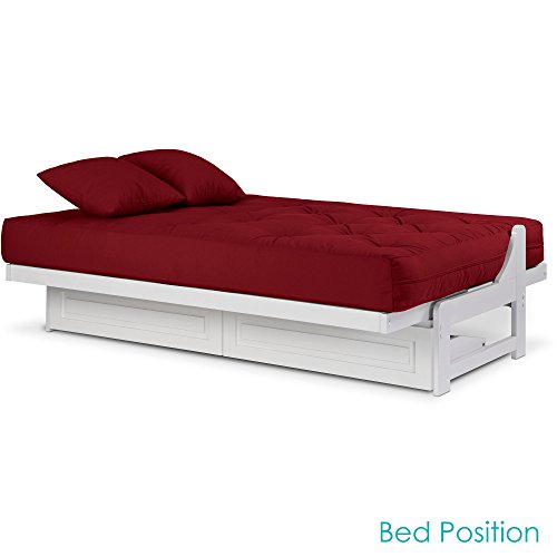 Nirvana Futons Arden Armless White Wood Futon with Bottom Drawers (Frame Only), Full or Queen Size - Solid Hardwood Sofa Bed Frame Construction, Space Saving Design Ideal for Small Rooms and Dorms Nirvana Futons