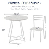 VECELO Small Round Dining Table Set for 2, Wood Tabletop with Strong Metal Frame, Modern Dinette with Chairs for Kitchen, Breakfast Nook Living Room, Faux Marbled & White VECELO