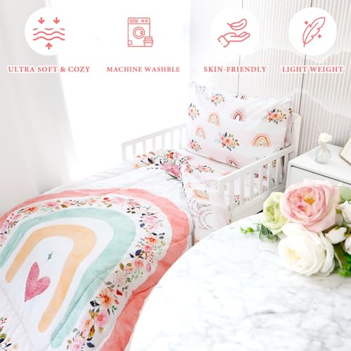 Toddler Bedding Sets for Girls, Rainbow Toddler Crib Bedding Set 4 Piece Pink Floral Toddler Comforter Set Includes Flat Top Sheet, Fitted Sheet, Comforter, Envelope Pillowcase, Soft & Comfort Pea Pod