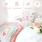 Toddler Bedding Sets for Girls, Rainbow Toddler Crib Bedding Set 4 Piece Pink Floral Toddler Comforter Set Includes Flat Top Sheet, Fitted Sheet, Comforter, Envelope Pillowcase, Soft & Comfort Pea Pod