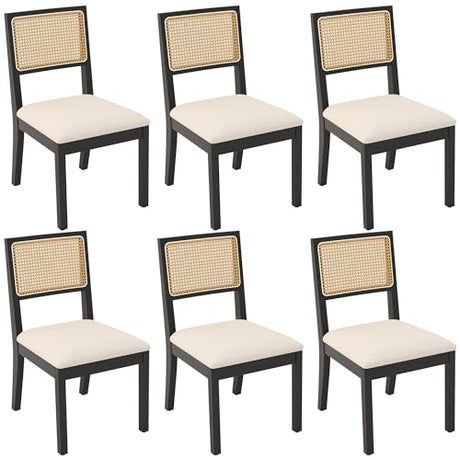 Westice Rattan Dining Chairs Set of 6, Farmhouse Natural Dining Room Chairs with Upholstered Cushion, Wood Armless Chairs for Kitchen/Restaurant, Black Westice