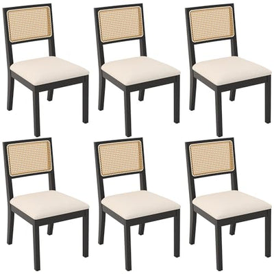 Westice Rattan Dining Chairs Set of 6, Farmhouse Natural Dining Room Chairs with Upholstered Cushion, Wood Armless Chairs for Kitchen/Restaurant, Black