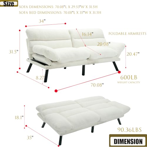 70“Futon Sofa Bed, White Convertible Folding Futon Small Couch Breathable Small,Upholstered Double Loveseat Bed for Compact Living Studio in Room and Bedroom, Offices, Dorm (White Teddy Velvet) Klwenas Maec