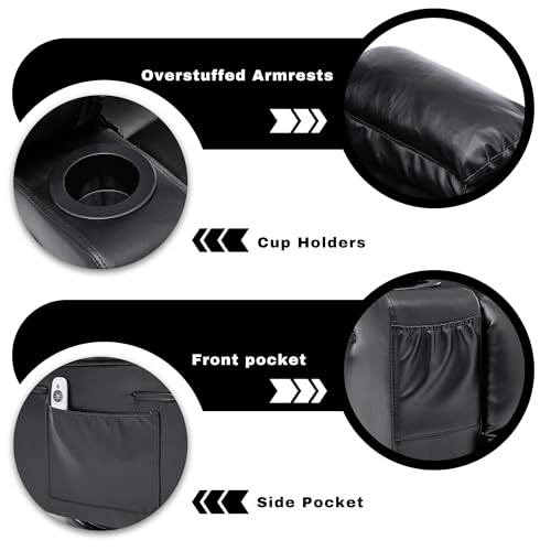 GAOHAPY Rocker Recliner Chair with Heat and Massage,360°Swivel Nursery Recliner Chair for Adults,Faux Leather Recliner Single Sofa Seat with 2 Cup Holders and Side Pocket (Black)