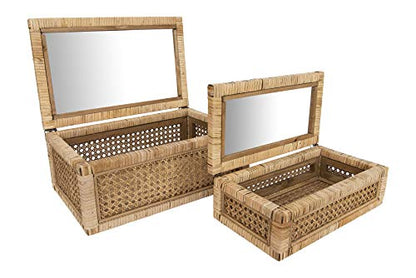 Creative Co-Op Modern Decorative Rectangle Woven Rattan and Wood Display Boxes with Glass Top, Set of 2 Sizes, Natural Finish - WoodArtSupply