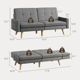 Gizoon Futon Sofa Bed, 70.9" Futon Couch with Adjustable Backrest, Removable Armrest for Extended Length, Mid Century Modern Loveseat for Living Room, 6 Wood Legs, 2 Metal Support Rods, Dark Grey Gizoon