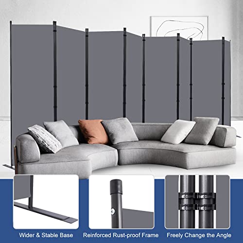 Room Divider Folding Privacy Screens with Wheels, 6FT Tall Divider for Room Separation, Movable Room Partitons and Dividers, Indoor Room Dividers Panel with Fabric (Grey, 8 Panel-176‘’-Flat Base) HOMSCREENER