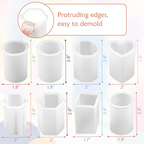 8PCS Reusable Silicone Candle Molds Set - Cylinder/Hexagon/Octagonal/Heart/Flower/Square Shapes for DIY Candle Making, Soap, Resin Crafts, Easy Release Candle Making Kit (8, Cylinder & Hexagon)