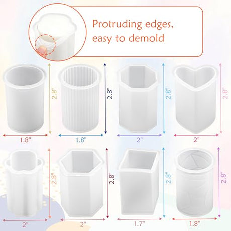 8PCS Reusable Silicone Candle Molds Set - Cylinder/Hexagon/Octagonal/Heart/Flower/Square Shapes for DIY Candle Making, Soap, Resin Crafts, Easy Release Candle Making Kit (8, Cylinder & Hexagon) QCCTPUU