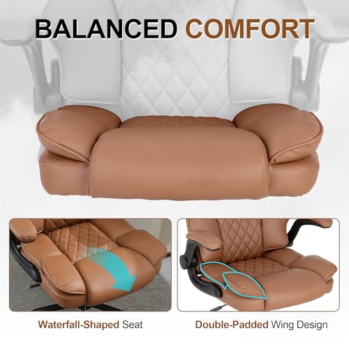 BOWTHY Office Desk Chair,Mid Back Executive Leather Chair,Ergonomic Home Computer Chair,Modern Conference Room Chairs with Adjustable Flip-Up Arms and Rocking Function (Brown) BOWTHY