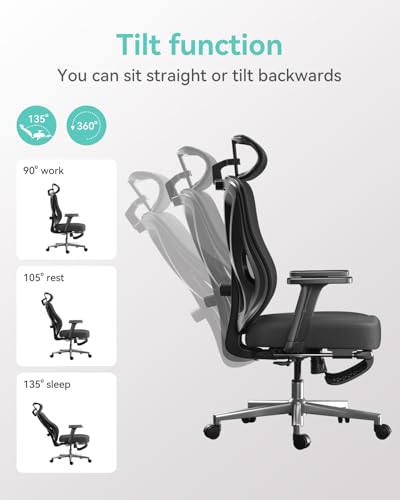 Hbada P5 Ergonomic Office Chair, Desk Chair with Adjustable Lumbar Support and Height, Comfortable Mesh Computer Chair with Footrest 2D Headrest, Swivel Tilt Function Black Hbada