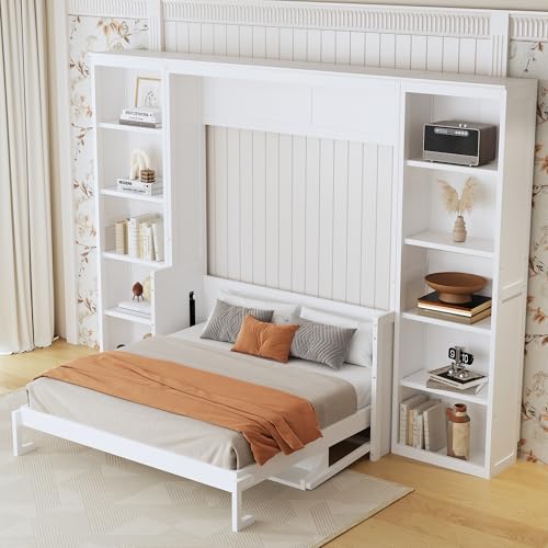 SOFTSEA Queen Size Murphy Bed with Desk, Space Saving Foldable Wall Bed Frame with Storage Shelves, Hideaway Wall Murphy Bed Cabinet for Small Room, Guest Room, White SOFTSEA