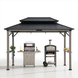 Sunjoy Wooden Grill Gazebo, 8 x 12 ft. Steel Hardtop Outdoor Gazebo for Year-Round Grilling, 2 Full Size Grills, Griddles or Smokers - Cook Station, Barbeque, Built-in Electrical Outlets, Black Sunjoy
