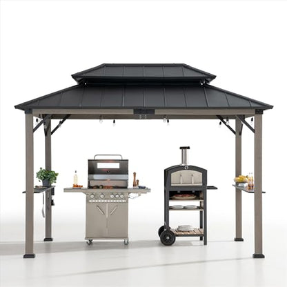 Sunjoy Wooden Grill Gazebo, 8 x 12 ft. Steel Hardtop Outdoor Gazebo for Year-Round Grilling, 2 Full Size Grills, Griddles or Smokers - Cook Station, Barbeque, Built-in Electrical Outlets, Bla - WoodArtSupply