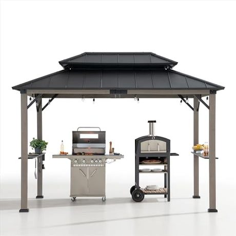 Sunjoy Wooden Grill Gazebo, 8 x 12 ft. Steel Hardtop Outdoor Gazebo for Year-Round Grilling, 2 Full Size Grills, Griddles or Smokers - Cook Station, Barbeque, Built-in Electrical Outlets, Black Sunjoy