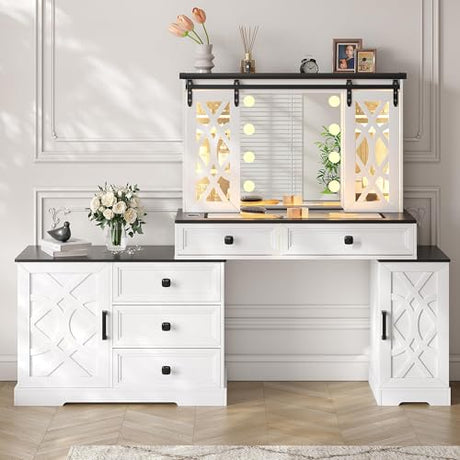 Farmhouse Makeup Vanity with Mirror & Lights, Large Vanity Desk with 5 Drawers & 9 Storage Shelves, Dressing Table with Jewelry Armoire, Vanity Gifts for Wife Girlfriends Women Lady Girl, White TAGELIER