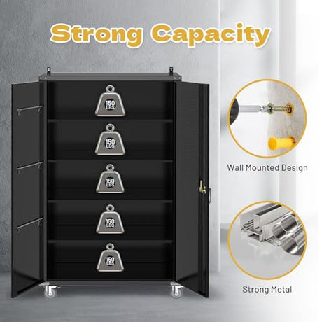 biosp 72" H Wide & Deep Garage Storage Cabinet with Wheels & Pegboards, Metal Storage Cabinet with Locking Door & Adjustable Shelves, Rolling Tool Cabinet for Garage, Shop, Office, 72"x43"x22" biosp