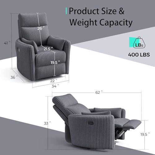 LINSY 360 Swivel Recliner Chair, Nursery Glider Rocking Chair with 2 Pillows, Corduroy Nursing Chair Comfy High Back Adult Rocker Recliner for Small Spaces, Nursery Bedroom Living Room (Gray)