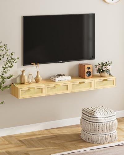 Aienvey Floating Nightstand, Floating Shelf with Drawer, Wall Mounted Nightstand, Floating Bedside Table (Oak Rattan) Aienvey