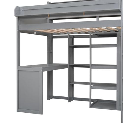 BOVZA Grey Twin Loft Bed Frame with Wardrobe, Desk, and Bookshelves - The Ultimate Space-Saver for Kids and Teens