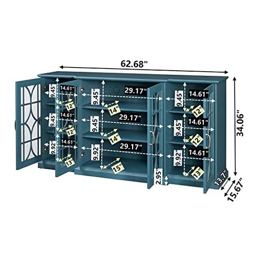 SUPPNEED 63” TV Stand, Storage Buffet Cabinet, Sideboard with Glass Door and Adjustable Shelves, Console Table for Dining Living Room Cupboard, Teal Blue