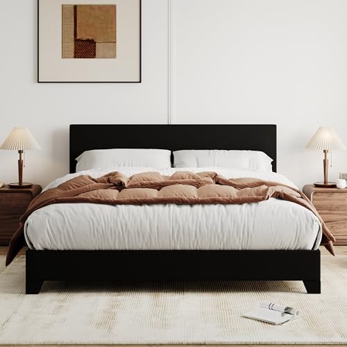 Allewie Queen Bed Frame with Adjustable Headboard, Faux Leather Platform Bed with Wood Slats, Heavy Duty Mattress Foundation, No Box Spring Needed, Noise-Free, Easy Assembly, Black Allewie