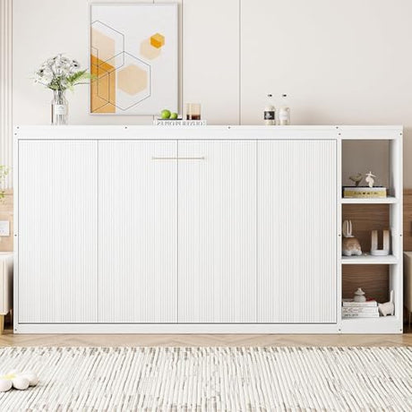 Virubi Twin Horizontal Murphy Bed with Storage Shelves,Wood Fold Up Modern Murphy Wall Bed Cabinet with Storage Bookcase for Adults (White,Twin) Virubi