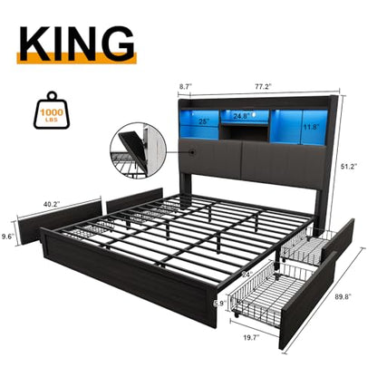 YUMPIE King Bed Frame with Bookcase Headboard and LED Lighting, Black Upholstered Platform Bed with Storage Drawers and Charging Station - WoodArtSupply