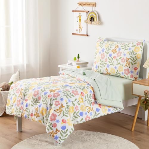 Wake In Cloud - Floral Toddler Bedding Set for Girls, Cute Colorful Botanical Flowers with Deers, 4 Pieces Soft Crib Bed Set Including Comforter, Sheets and Pillowcase, Green Cream Wake In Cloud