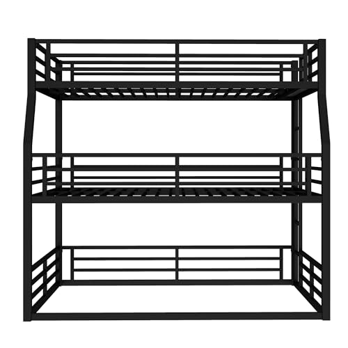 Bellemave Metal Triple Bunk Bed with Full-Length Guardrails, Full XL Over Queen Over Queen Bunk Bed for 3, Noise-Reduced, Metal Black Bellemave