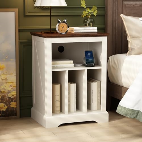 RowyPoey Farmhouse Record Player Stand, 3 Tier End Table, Turntable Stand with Vinyl Record Storage, Wood Record Holder Cabinet Dispaly Shelf for Living Room,Bedroom,Office,Antique White RowyPoey
