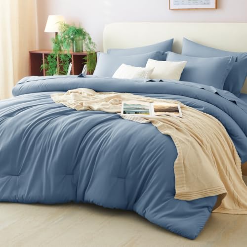 CozyLux King Size Comforter Set Grayish Blue, 7 Pieces Bed in a Bag King Comforter Set with Sheets, Bedding Set with Down Alternative Comforter, Fitted Sheets, Flat Sheets, Pillow Shams & Pillowcases CozyLux