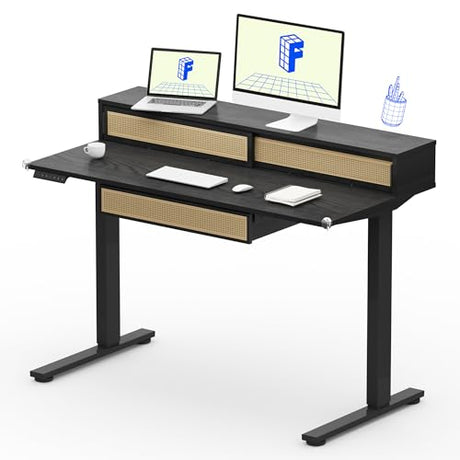FLEXISPOT Q4 One-Piece Standing Desk with Rattan Drawers, 48 x 24 Inch Adjustable Height, Electric Stand Up Table with Monitor Shelf, Home Office Ergonomic Computer Desk with Memory Presets, Black FLEXISPOT