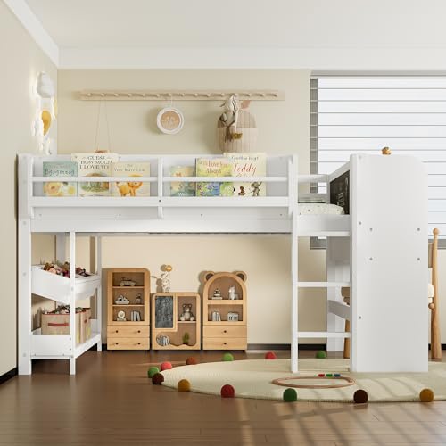 SOFTSEA Full Size Low Loft Bed with Desk & Storage, Solid Wood Full Loft Bed with Bookshelves, Storage Drawers, Boxes & Blackboard for Kids Juniors Boys Girls, White SOFTSEA