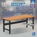 Borroughs 72" W x 30" D Heavy-Duty Industrial Workbench, Hardwood Top, 2000 LB Capacity, Adjustable Height 32-38" Borroughs
