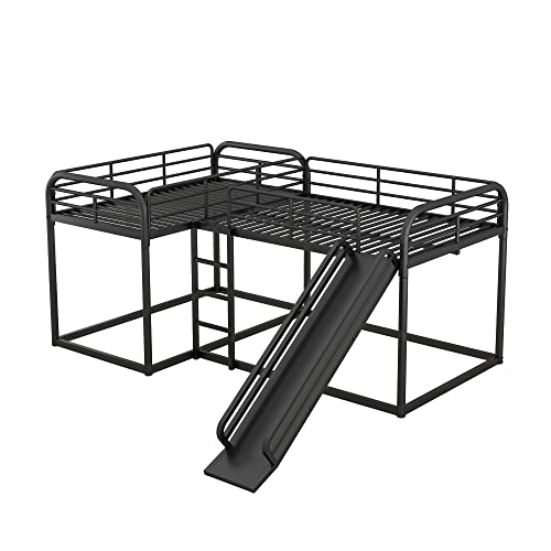 L Shaped Bunk Beds Compatible with 4, Wooden Quad Bunk Bed with Slide, Full Over Full Bunk Bed with Twin Over Twin Bunk Bed Attached Compatible with Girls Boys, Gray(Black Bunk) WoodArtSupply