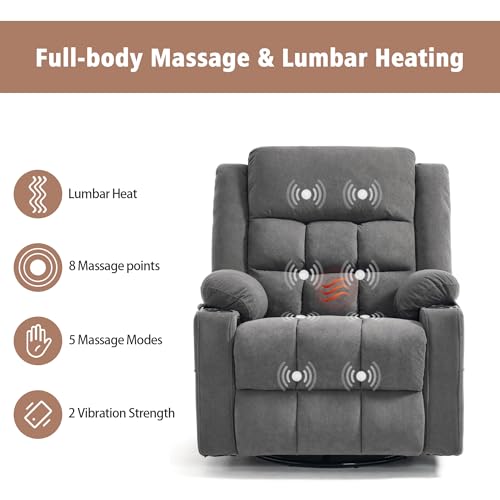Ketaiyou Swivel Rocker Recliner Chair for Adults with Massage and Heat, Cup Holders and Side Pockets, Glider Rocking Reclining Single Sofa Chair for Living Room(DK Grey)